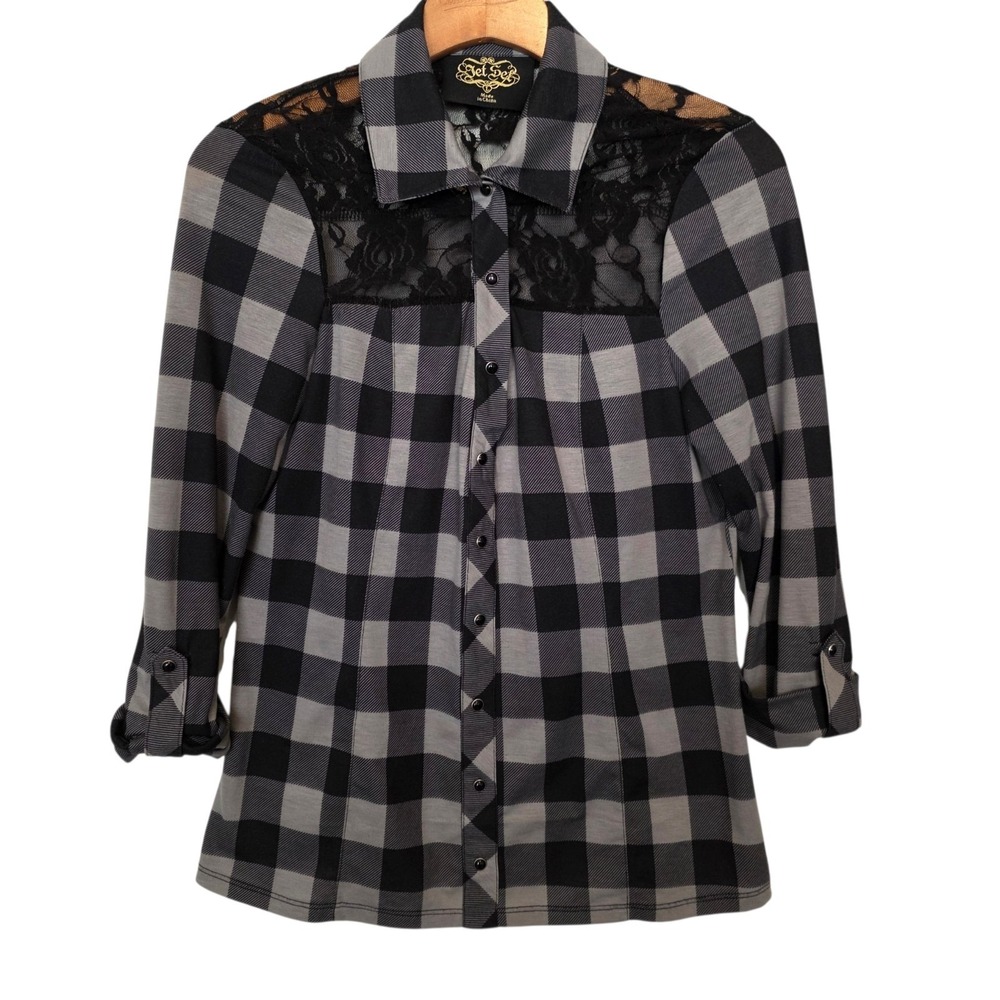 Jet Set Western Top Plaid Snap Shirt Black Gray Lace Panels Juniors Sz L